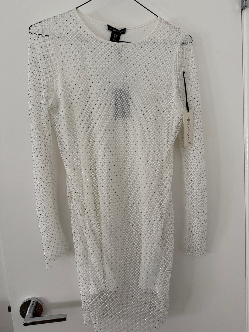 Sincerely Jules White sheer with gems Long-Sleeve Dress